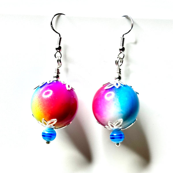 Amy Foxy Style Handmade Earrings - Rainbow Tie Dye Big Ball Beads