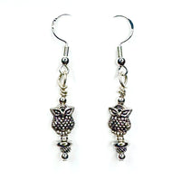 Amy Foxy Style Handmade Earrings - Silver Fluffy Owls with Silver Beads