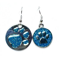 Amy Foxy Style Handmade Earrings - Asymmetrical Glitter Cat Dog Paw Medallions: Bright Blue