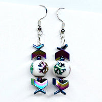 Amy Foxy Style Handmade Earrings - Rainbow Iridescent Snowflake and Metallic Arrow Beads