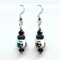 Amy Foxy Style Handmade Earrings - Rainbow Iridescent Snowflake, Faceted, and Textured Rondelle Beads