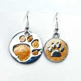 Amy Foxy Style Handmade Earrings - Asymmetrical Glitter Cat Dog Paw Medallions: Marigold