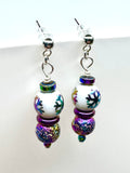 Amy Foxy Style Handmade Post Earrings - Rainbow Iridescent Snowflake and Lava Beads