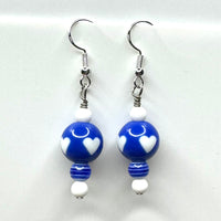 Amy Foxy Style Handmade Earrings - Blue and White Hearts with Striped Beads