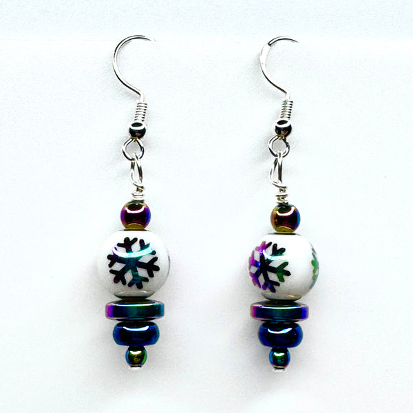 Amy Foxy Style Handmade Earrings - Rainbow Iridescent Snowflake and Rondelle Beads