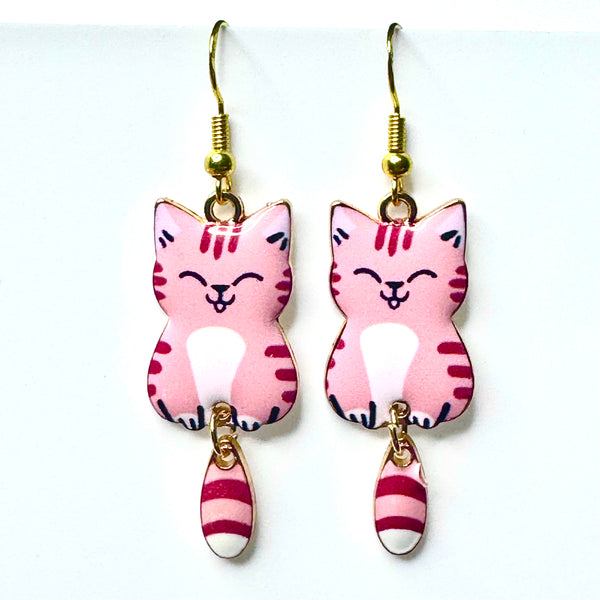 Amy Foxy Style Handmade Earrings - Cat Charm with Golden Hooks: Glossy Pink Tabby