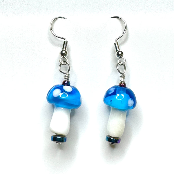 Amy Foxy Style Handmade Earrings - Glass Mushroom Beads: Cyan Blue