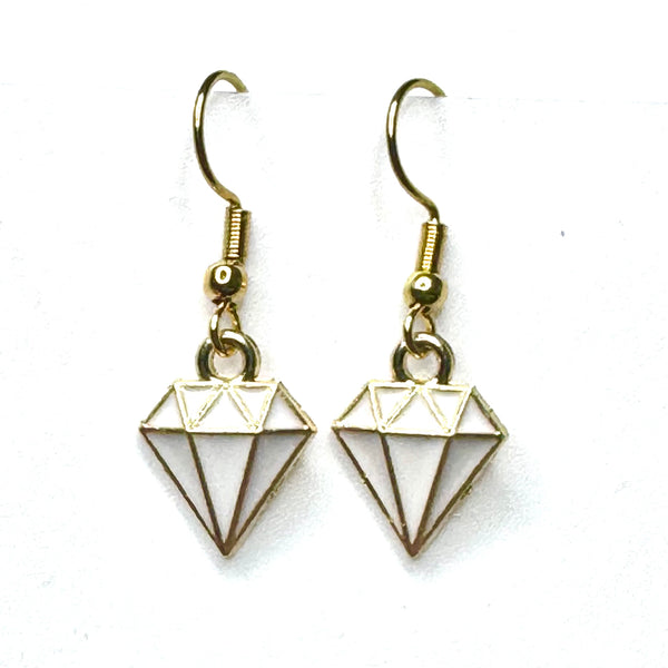 Amy Foxy Style Handmade Earrings - Diamond Shape Charm with Golden Hooks: Small White