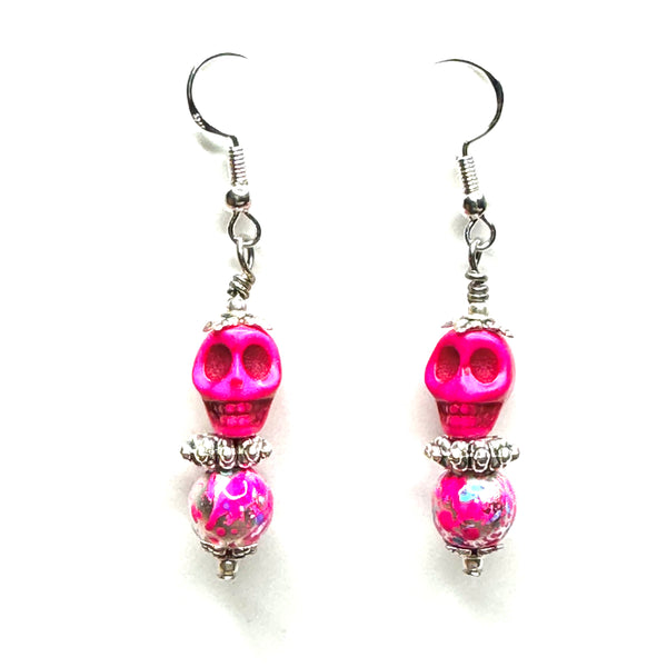 Amy Foxy Style Handmade Earrings - Hot Pink Skull and Hot Pink Splatter Beads