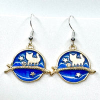 Amy Foxy Style Handmade Earrings - Night Sky Cat with Silver Hooks