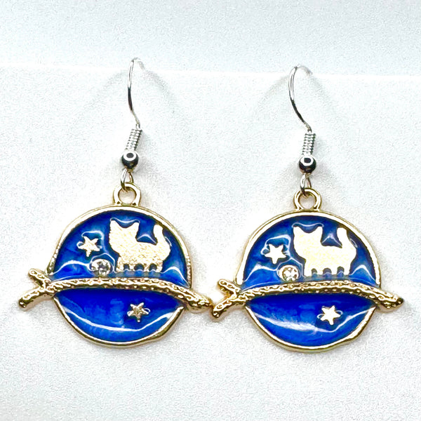 Amy Foxy Style Handmade Earrings - Night Sky Cat with Silver Hooks