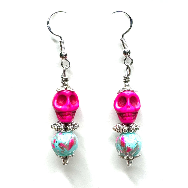 Amy Foxy Style Handmade Earrings - Hot Pink Skull and Aqua Splatter Beads