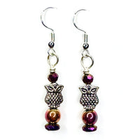 Amy Foxy Style Handmade Earrings - Silver Fluffy Owls with Magenta Iridescent Beads