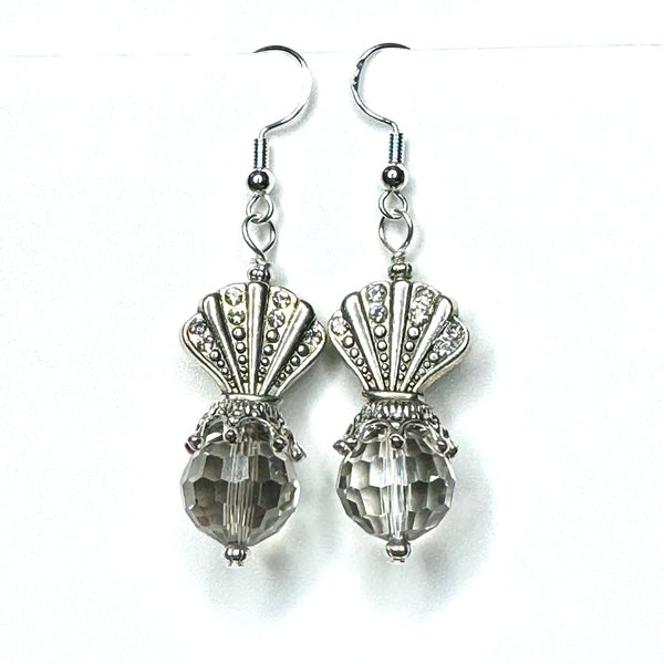 Amy Foxy Style Handmade Earrings Rhinestone Fan Seashell and Faceted Clear Beads