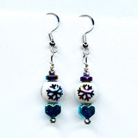 Amy Foxy Style Handmade Earrings - Rainbow Iridescent Snowflake and Blue Metallic Heart Beads