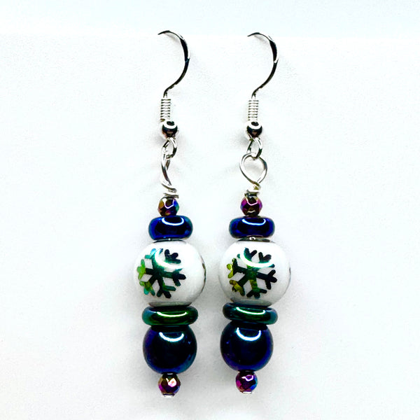 Amy Foxy Style Handmade Earrings - Rainbow Iridescent Snowflake, Round, and Rondelle Beads