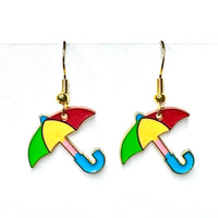 Amy Foxy Style Handmade Earrings - Umbrella Charms with Golden Hooks: Rainbow Color Block