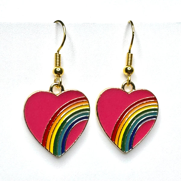 Amy Foxy Style Handmade Earrings - Rainbow Heart Charms with Golden Hooks: Hot Pink