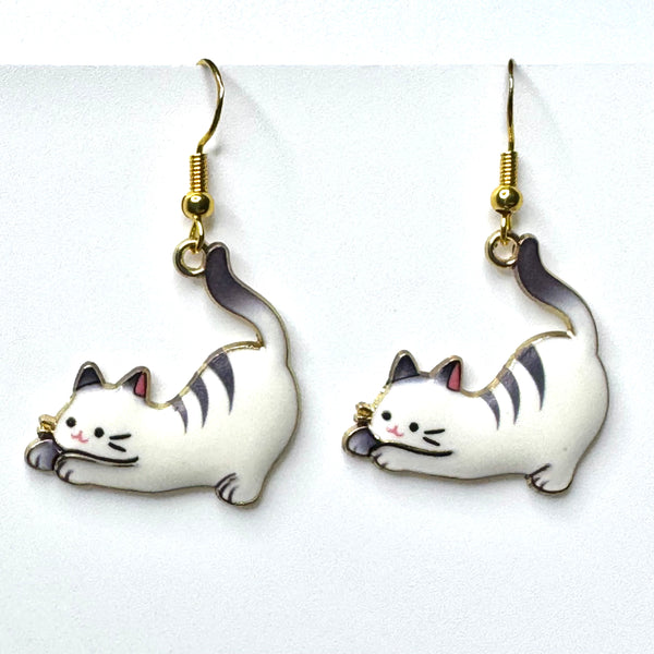 Amy Foxy Style Handmade Earrings - Stretching Cat Charm with Golden Hooks: White Stripes