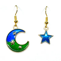 Amy Foxy Style Handmade Earrings - Asymmetrical Blue and Green Crescent Moon and Small Star with Golden Hooks