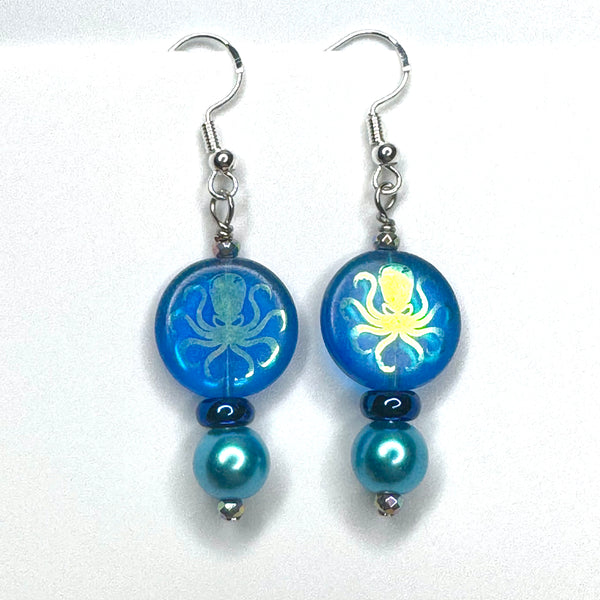 Amy Foxy Style Handmade Earrings - Blue Iridescent Octopus Silhouette and Blue Pearl Beads