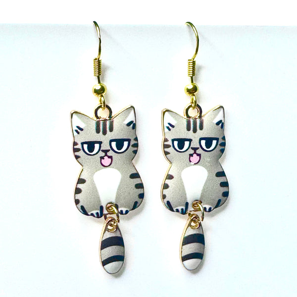 Amy Foxy Style Handmade Earrings - Cat Charm with Golden Hooks: Gray Tabby