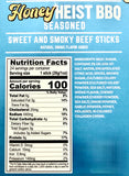 Back of a Honey Heist BBQ Seasoned Sweet and Smoky Beef Sticks package, showing nutrition facts, serving size, ingredients list, and product branding on a blue background.