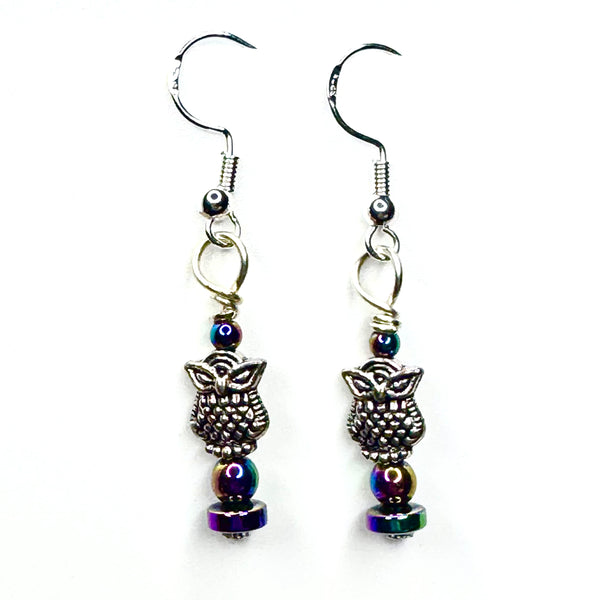 Amy Foxy Style Handmade Earrings - Silver Fluffy Owls with Rainbow Iridescent Beads