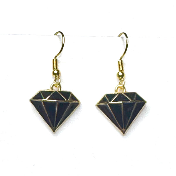 Amy Foxy Style Handmade Earrings - Diamond Shape Charm with Golden Hooks: Black