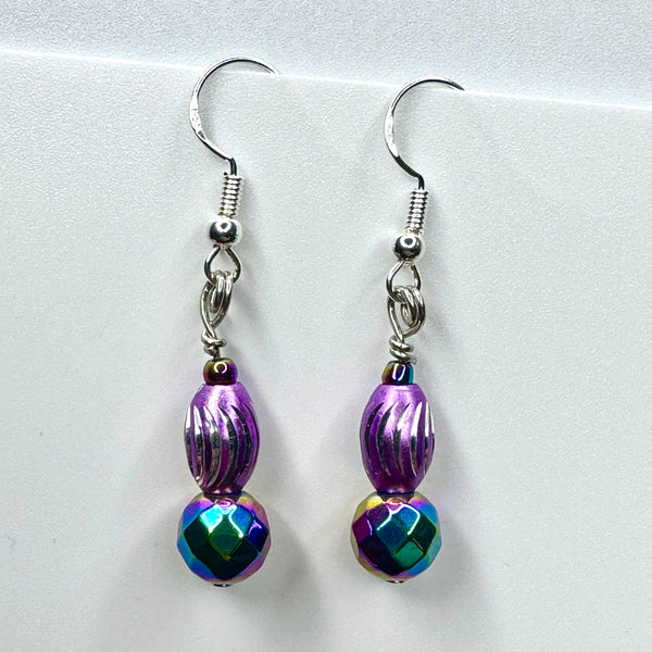 Amy Foxy Style Handmade Earrings - Rainbow Faceted Hematite with Lavender and Silver Barrel Beads