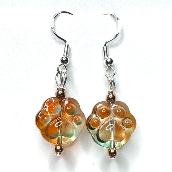 Amy Foxy Style Handmade Earrings - Orange & Green Ombré Glass Cat Dog Paws with Small Copper Beads