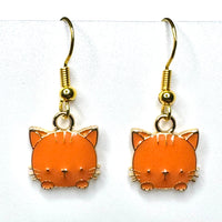 Amy Foxy Style Handmade Earrings - Little Cat Face Charms with Golden Hooks: Orange