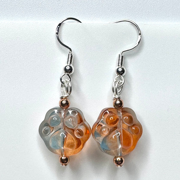 Amy Foxy Style Handmade Earrings - Orange & Light Blue Ombré Glass Cat Dog Paws with Small Copper Beads