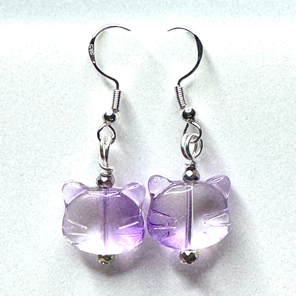 Amy Foxy Style Handmade Earrings - Lavender Ombré Glass Cat Face with Pastel Hematite Beads