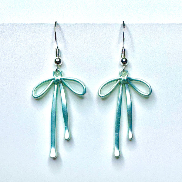 Amy Foxy Style Handmade Earrings - Ribbon Bow Charms: Icy Blue