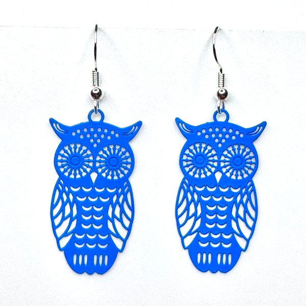 Amy Foxy Style Handmade Earrings - Delicate Filigree Owl Charms: Matte Blue