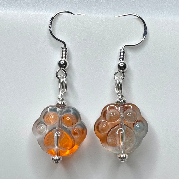 Amy Foxy Style Handmade Earrings - Orange & Light Blue Ombré Glass Cat Dog Paws with Silver Beads