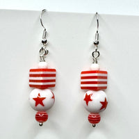 Amy Foxy Style Handmade Earrings - White and Red Stars with Striped Triangle Beads