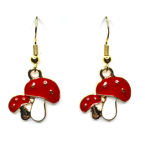 Amy Foxy Style Handmade Earrings - Mushroom Duo Charms with Golden Hooks: Red