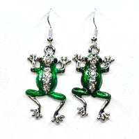 Amy Foxy Style Handmade Earrings - Enamel and Rhinestone Frog Charms with Silver Hooks
