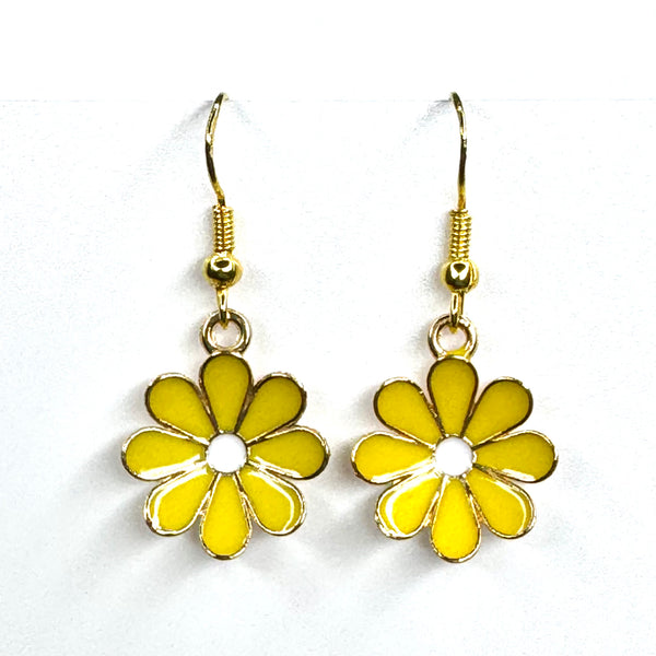 Amy Foxy Style Handmade Earrings - Daisy Flower Charms with Golden Hooks: Yellow