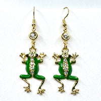 Amy Foxy Style Handmade Earrings - Enamel and Rhinestone Frog Charms with Golden Hooks and White Rhinestone Connectors