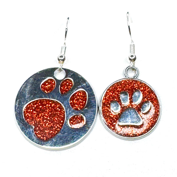 Amy Foxy Style Handmade Earrings - Asymmetrical Glitter Cat Dog Paw Medallions: Reddish Orange