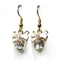 Amy Foxy Style Handmade Earrings - Cubic Rhinestone Present with Enamel Bow Charm with Golden Hooks: White