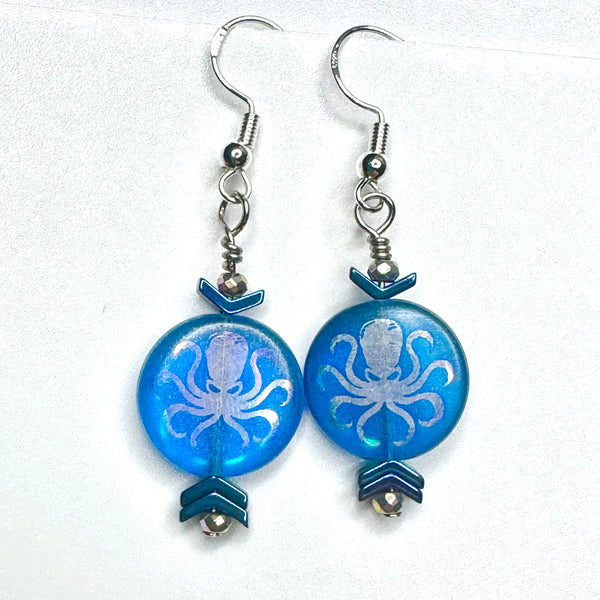 Amy Foxy Style Handmade Earrings - Blue Iridescent Octopus Silhouette and Blue Arrow Beads