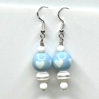 Amy Foxy Style Handmade Earrings - Pale Blue and White Hearts with Striped Beads