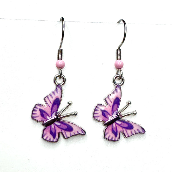 Amy Foxy Style Handmade Earrings - Butterfly Charms: Angled Pink and Purple with Pink Accent Beads