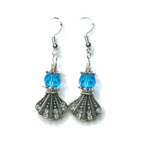 Amy Foxy Style Handmade Earrings Rhinestone Fan Seashell and Faceted Aqua Beads