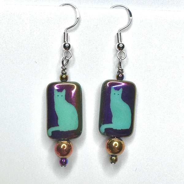 Amy Foxy Style Handmade Earrings - Iridescent Cat Silhouette and Round Beads