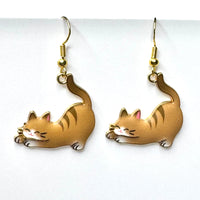 Amy Foxy Style Handmade Earrings - Stretching Cat Charm with Golden Hooks: Brown Stripes